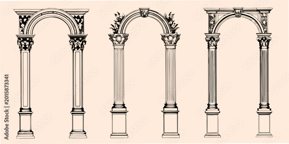 Fototapeta premium Ornate archway illustrations with columns detailed line drawing