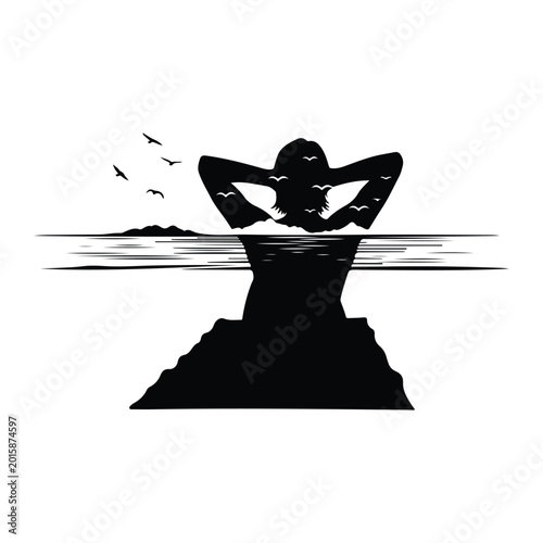 Silhouette of woman in water, relaxing with arms behind head, birds flying