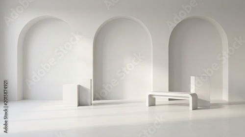 A minimalist white room with geometric shapes and a bench.
