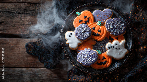 Halloween cookies on a decorative plate with spooky designs placed on a wooden table