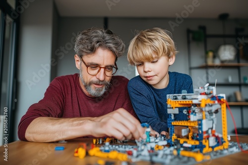 A man and a boy build a detailed LEGO construction together, sharing a focused and joyful moment at a table indoors.