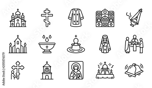 Schilderij op canvas Orthodox Christian Icons, Vector Set: Churches, Crosses, Baptism, Vestments, Bel