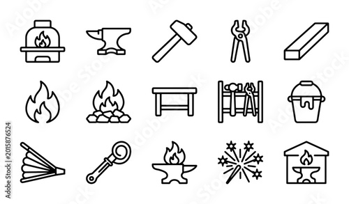 Bild auf Leinwand Blacksmithing Icons Set: Forge, Anvil, Hammer, Tongs, Metal Bar, Fire, Bellows,