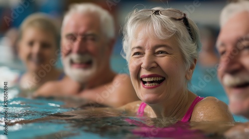 A joyful group of senior adults smiling and enjoying themselves while swimming in a pool.