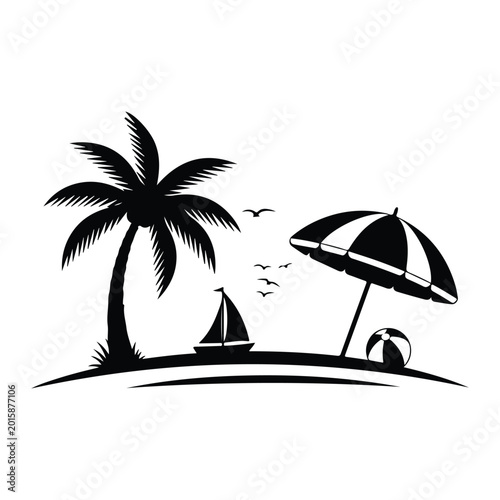 Black silhouette of a beach scene with palm tree, sailboat, umbrella, and beach ball