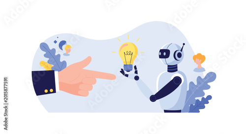 Large human hand pointing towards a robot holding a glowing light bulb, representing artificial intelligence and innovation.