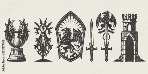 Foto medieval heraldry silhouettes row of fantasy emblems and castle elements