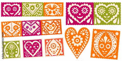 Papel Picado Heart Icons Set Colorful Mexican Folk Art Style