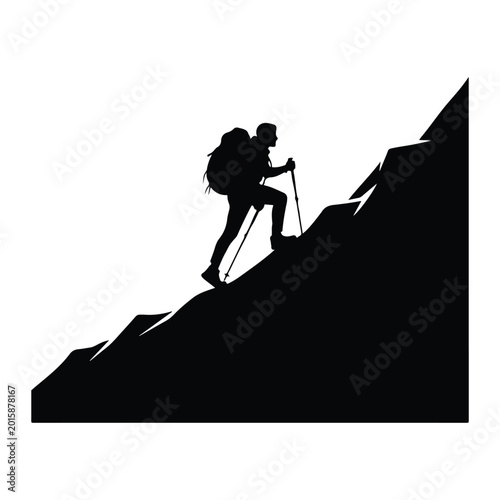 Silhouette of a hiker climbing a mountain trekking