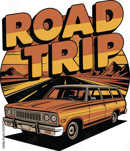 Road trip text with vintage station wagon and desert landscape