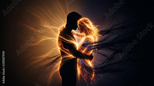 Romantic Couple Silhouette with Golden Fire Energy Waves Embracing on Dark Background, Love and Passion Concept with Glowing Light Effect