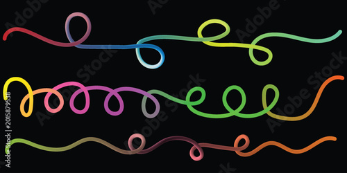 Colorful neon wavy lines and swirls on black background