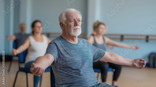 Elderly man practicing seated yoga with others in a calm, indoor group exercise class.