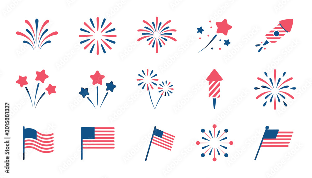 Fototapeta premium 4th of july vector icons fireworks flags and patriotic celebration graphics