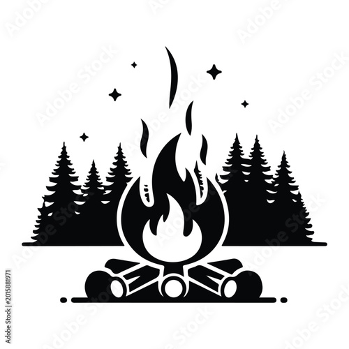 Black silhouette of a campfire in a forest, with trees and stars