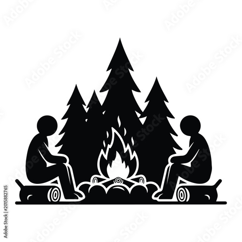 Silhouette of two people sitting by campfire, surrounded by trees