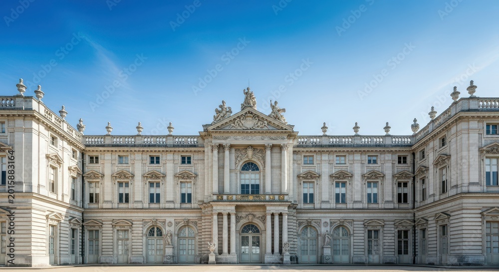 Fototapeta premium Grand baroque royal residence exterior view showcasing classical stone architecture, ornate window details, and majestic facade design under bright sky, rooftop, window, palace