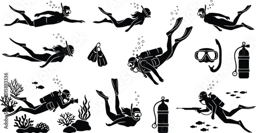Foto black scuba divers and diving equipment icons on white background