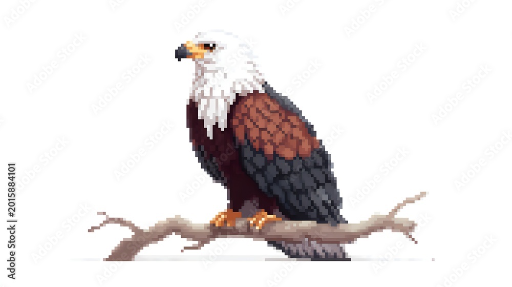 Obraz premium Pixel Art Illustration of an Eagle Perched on a Tree Branch