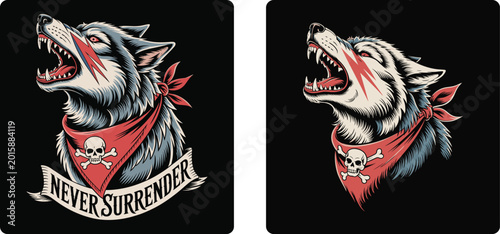 Aggressive Wolf Mascot Logo with Bandana and Never Surrender Typography