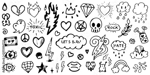 punk rock doodles and symbols black and white sketch