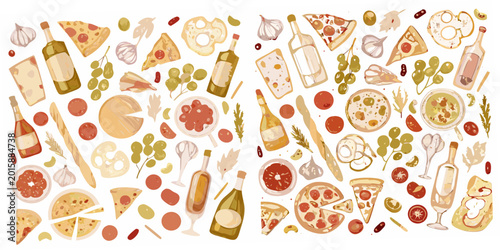 Bild auf Leinwand Italian food illustration with pizza olives and wine bottles