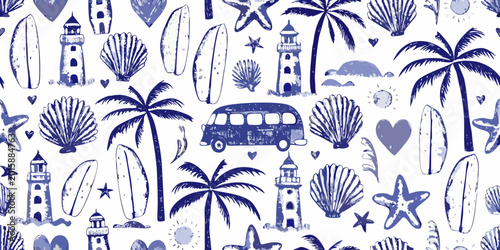 Beach themed seamless pattern with hand drawn nautical elements