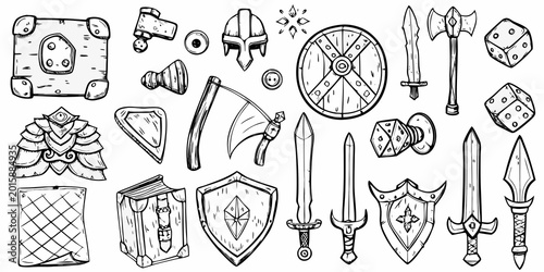 hand drawn medieval weapons and armor set black and white sketch