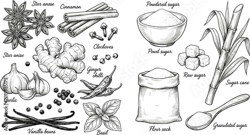 Εκτύπωση καμβά Hand-Drawn Spice and Sugar Illustration Set Featuring Vanilla, Cinnamon, and Oth