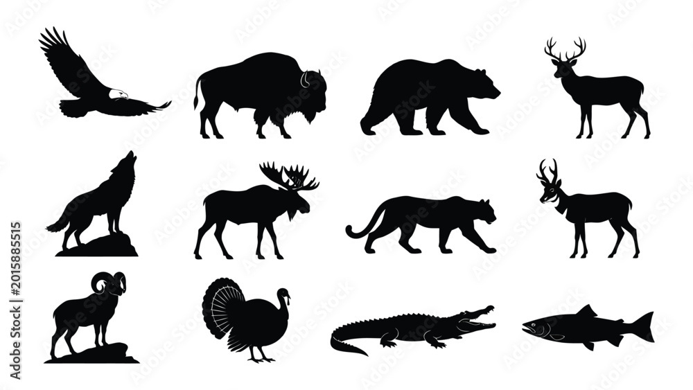 Obraz premium Diverse collection of North American wildlife animal silhouettes isolated on transparent background for design purposes