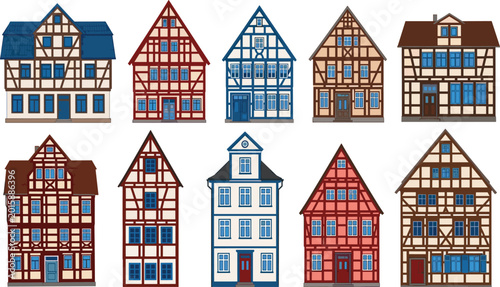 Photos Half timbered houses, traditional European architectural illustration