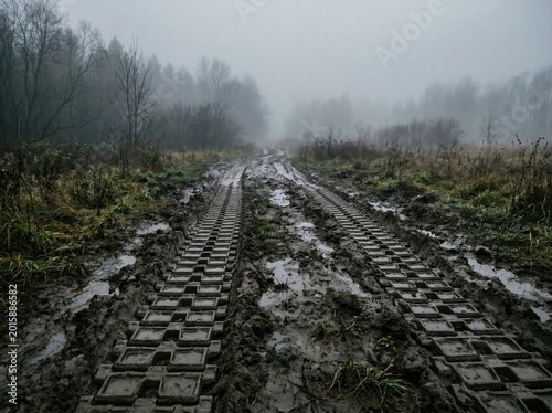 Tank tracks imprinted in muddy rural road with foggy forest background for dramatic landscape poster and gritty outdoor banner design