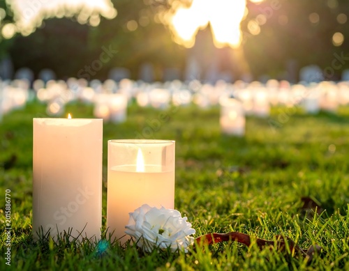 Memorial candles and flowers in cemetery.