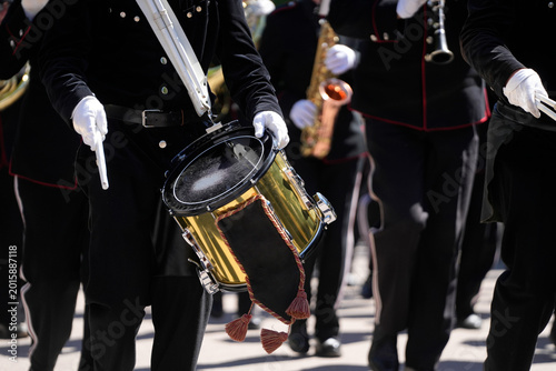 Marching Band Brass Drum Red Tassels White Gloves Saxophone — Norwegian Parade Musical Instruments Close Up Detail May 17th Norway