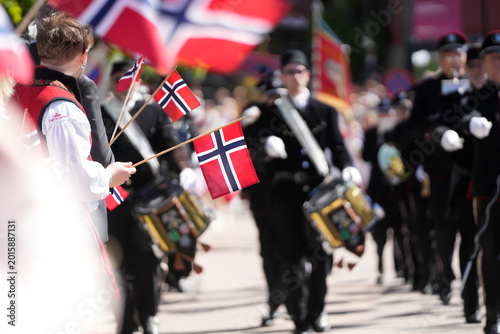 Norwegian Woman Bunad Multiple Flags Marching Band Drums — May 17th Constitution Day Parade Norwegian Culture Heritage Kongsberg