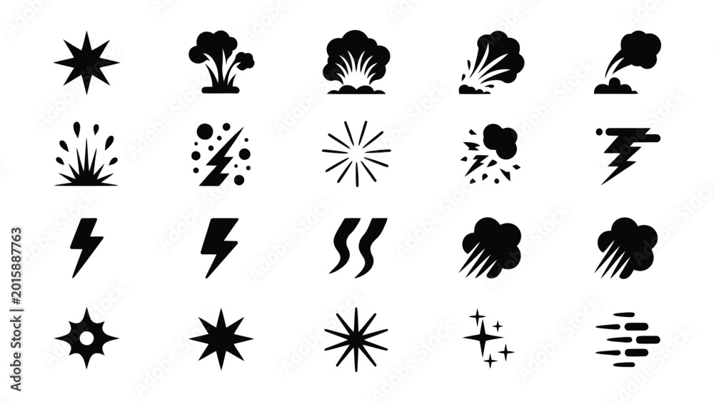 Fototapeta premium Collection of diverse explosion and energy icons representing bursts lightning smoke and starbursts for graphic design elements
