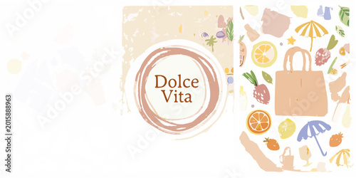 Cuadro en lienzo watercolor dolce vita summer pattern with citrus and beach elements