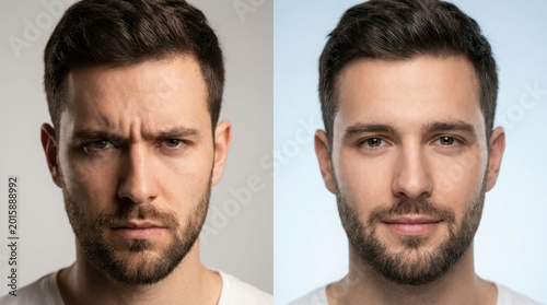Man with neutral and serious expressions in studio portrait comparison