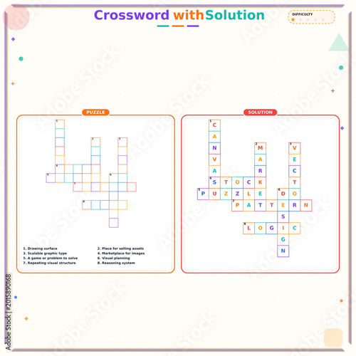 Crossword puzzle with solution displayed on colorful layout  