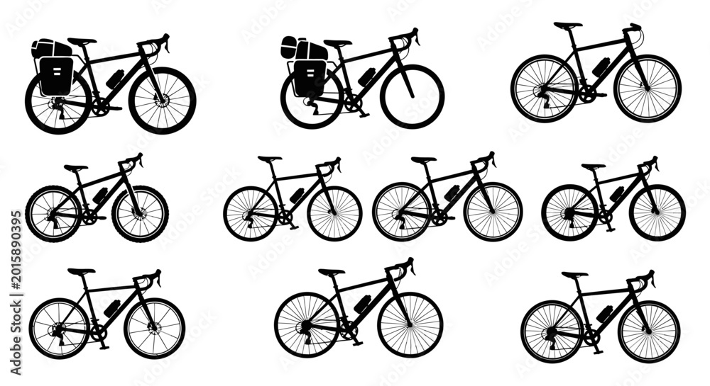 Obraz premium Bicycle Collection: Touring, Gravel, Road Bikes - Vector Silhouettes