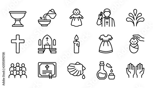 Foto Christian Baptism Icons, Religious Ceremony Symbols, Sacrament Vector Set