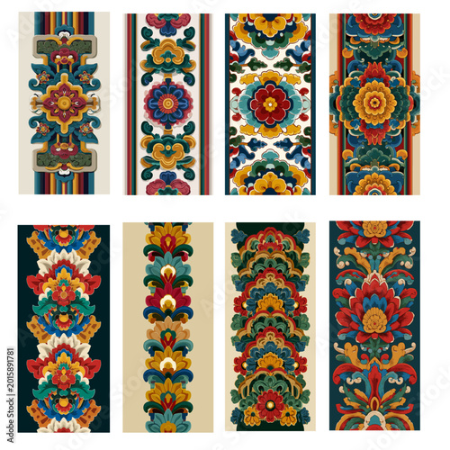 Korean traditional Dancheong floral borders set, 한국 전통 단청 꽃담 문양 수직 보더 세트