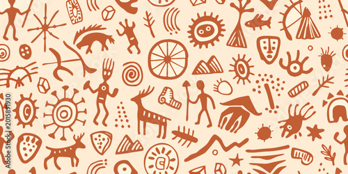 Bild auf Leinwand Seamless pattern of prehistoric cave paintings and rock art