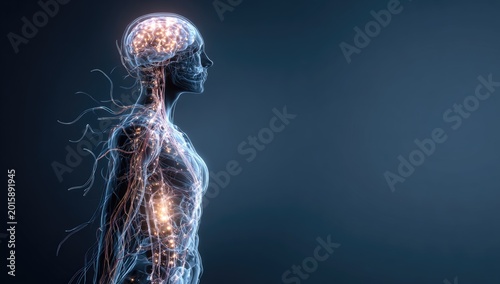 Illuminated neural pathways glow within a translucent human silhouette