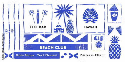 Hawaiian tiki bar icon set in blue linocut style