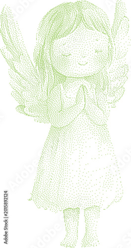 Quadro su tela Cute baby angel praying with closed eyes in soft pastel green light with delicat