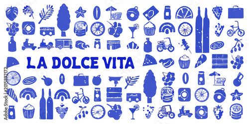 Cuadro en lienzo italian lifestyle icons and symbols in blue silhouette