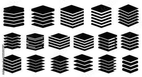 Data Layers Stacked Abstract Icons Set Black White