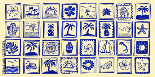 Tropical floral and beach themed stamps blue linocut style