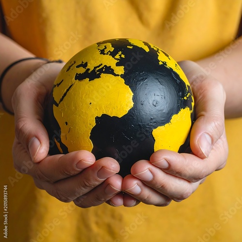 Person holding a yellow and black globe.